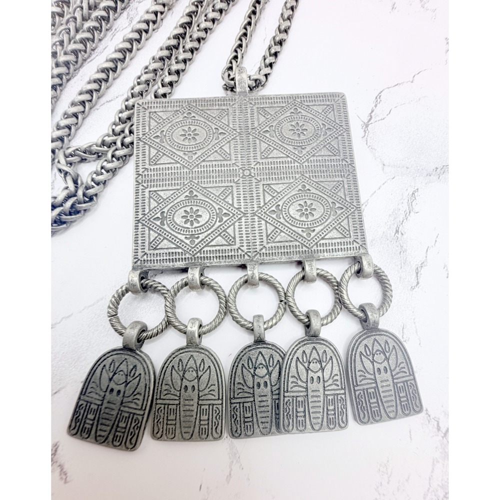 Antiqued Silver Tone Etched Pendant Necklace Long Wheat Chain Boho Dangles - Picture 3 of 6